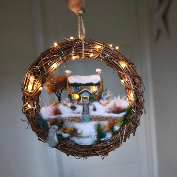 Miniature Felted Light Up Cottage - Winter Reef - One of a Kind Christmas Ornament  