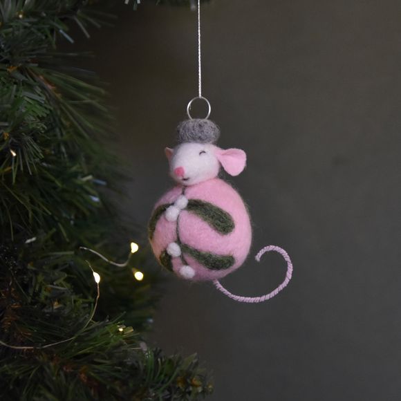 Needle Felted White Mouse Mistletoe Bauble - Ornament 