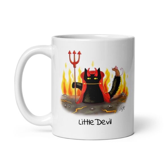 Naughty Cat White Glossy Mug - Little Devil - Halloween Gift