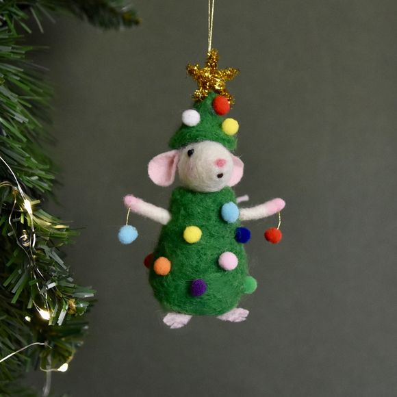 Needle Felted White Mouse in Christmas Tree Outfit - Ornament 