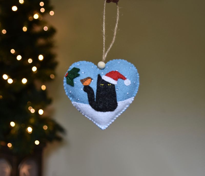 One of a kind Naughty Cat with Robin friend - Heart Ornament