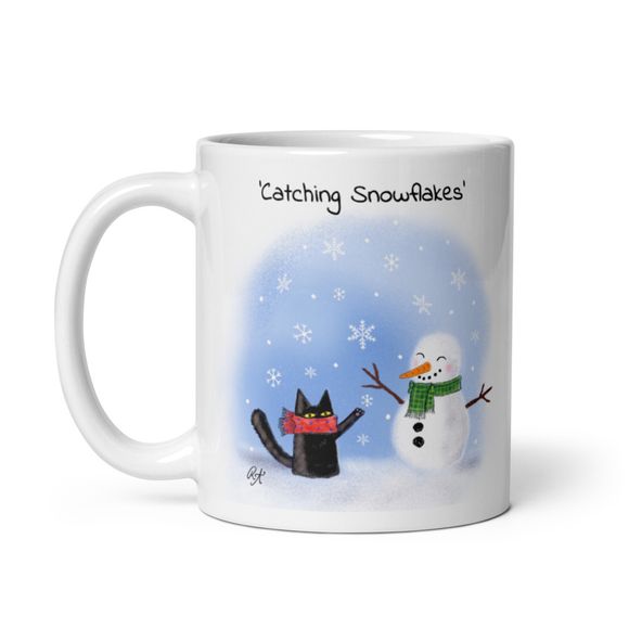 &#x27;Catching Snowflakes&#x27; - Cat With Snowman - Ceramic Mug