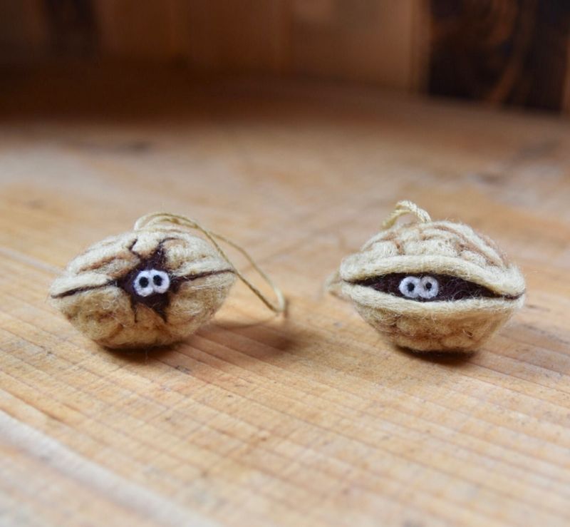 Set Of Two Ready Made Felted Christmas Tree Decorations - Walnut Creatures - Ornaments 