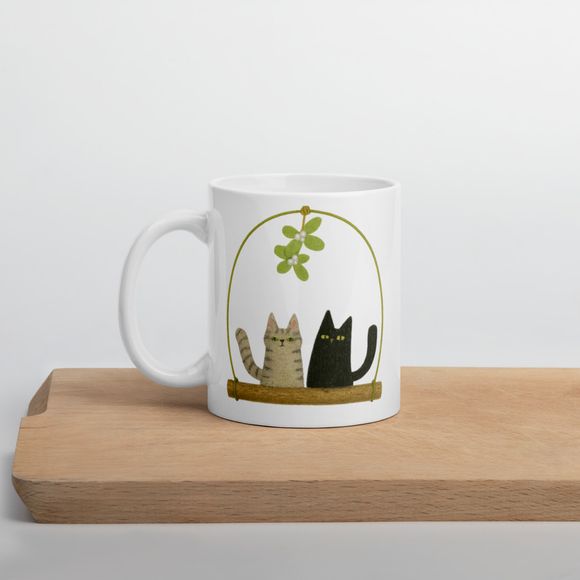 Mistletoe Kiss! Naughty Black Kitty Cat With Tabby  - Novelty Mug 