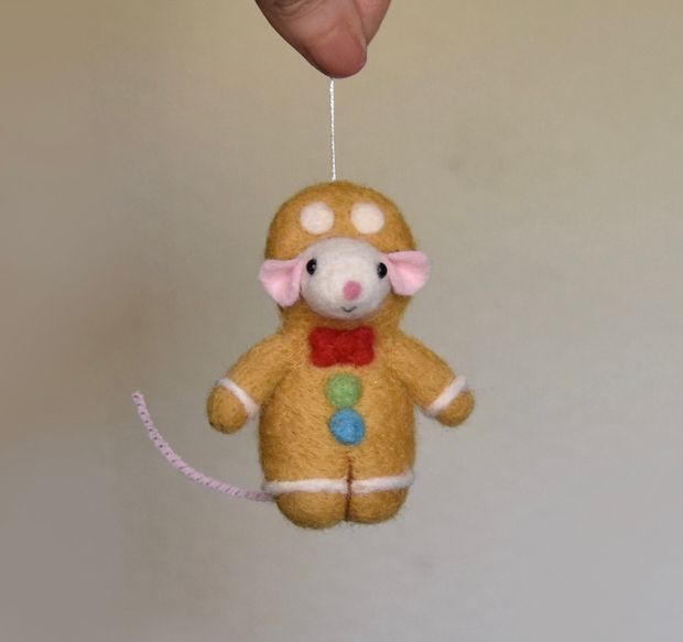 Needle Felted Mouse In Gingerbread Costume  - Ornament 