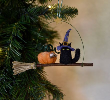 Naughty Witchy Cat with mouse friend in pumpkin