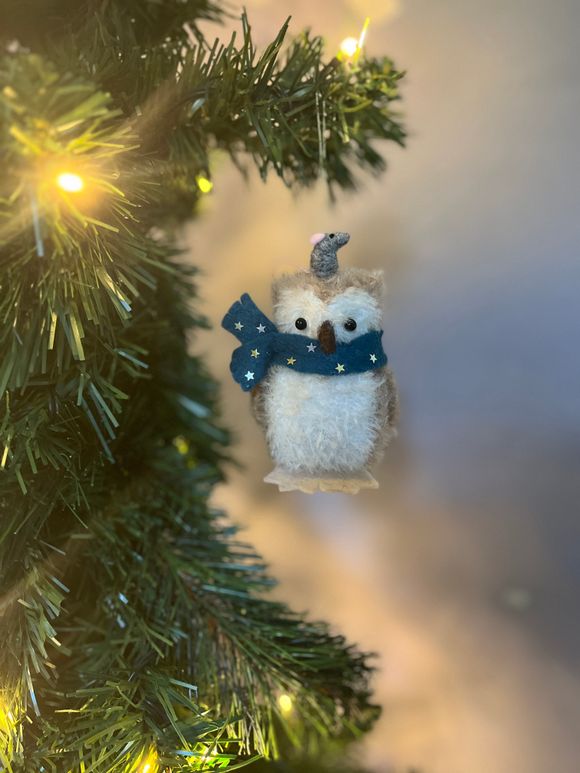 Hand stitched Owl with Mouse friend - Ornament 