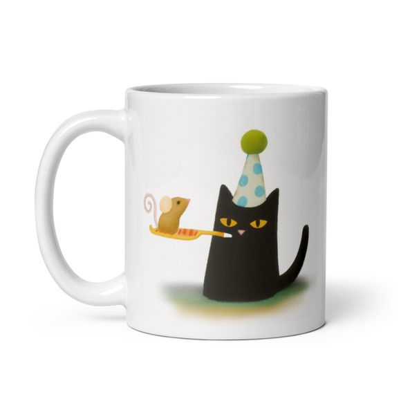  Party Time! Naughty Black Kitty Cat With Mouse  - Novelty Mug 