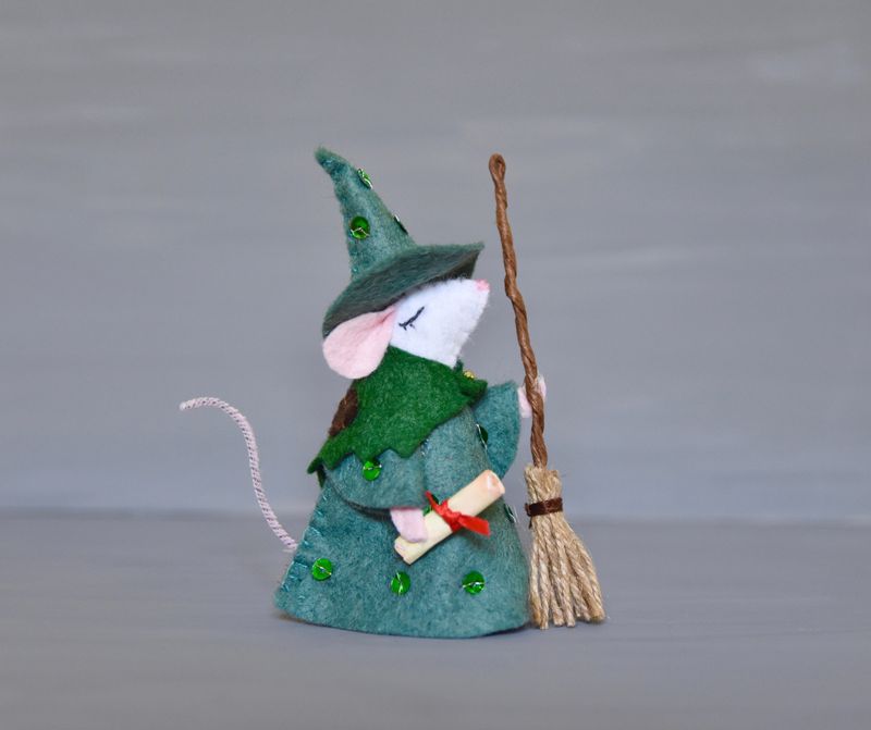 Hand Sewn White Witchy Mouse - Green - One of a Kind