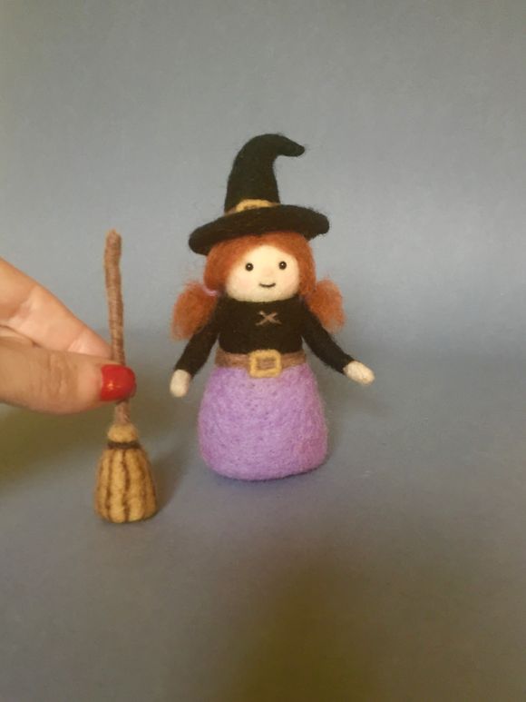 One of a kind needle felted witch with broom - Halloween Figure - Ornament 