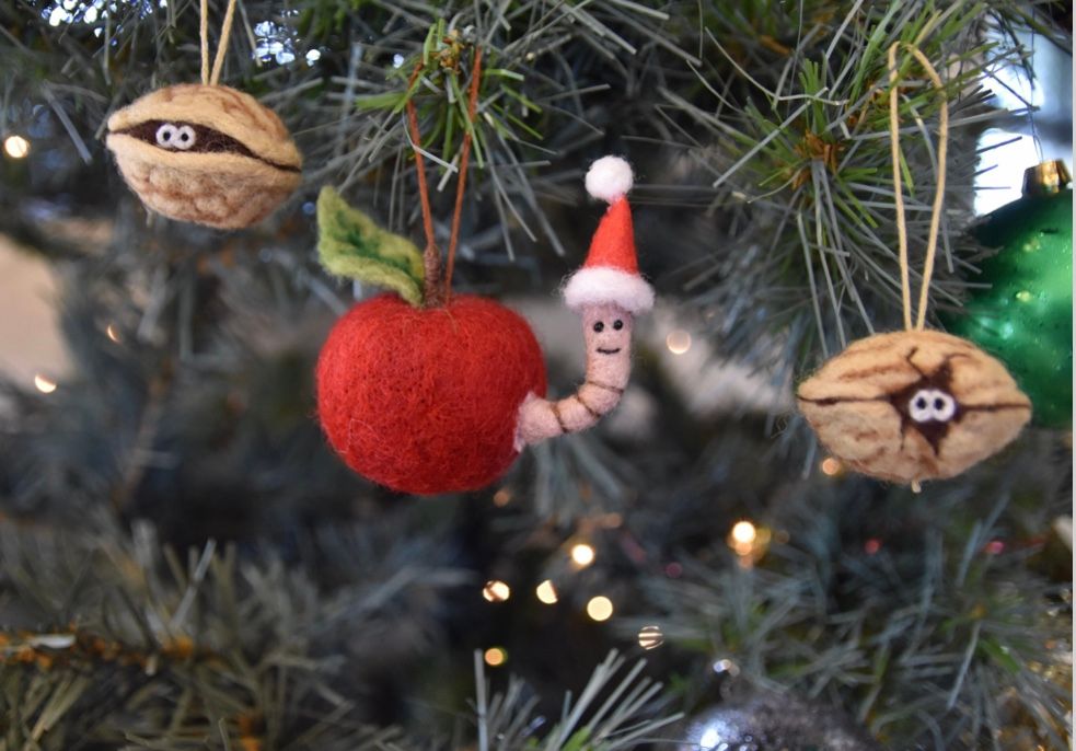 Ready Made Felted Christmas Bauble - Worm In Apple Ornament 