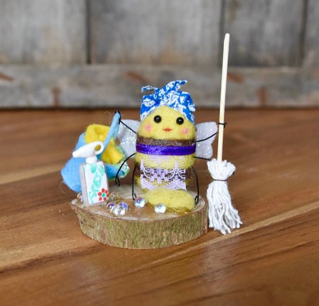 Ready Made Felted Busy Bee Ornament - Cleaner - Dollhouse Miniature
