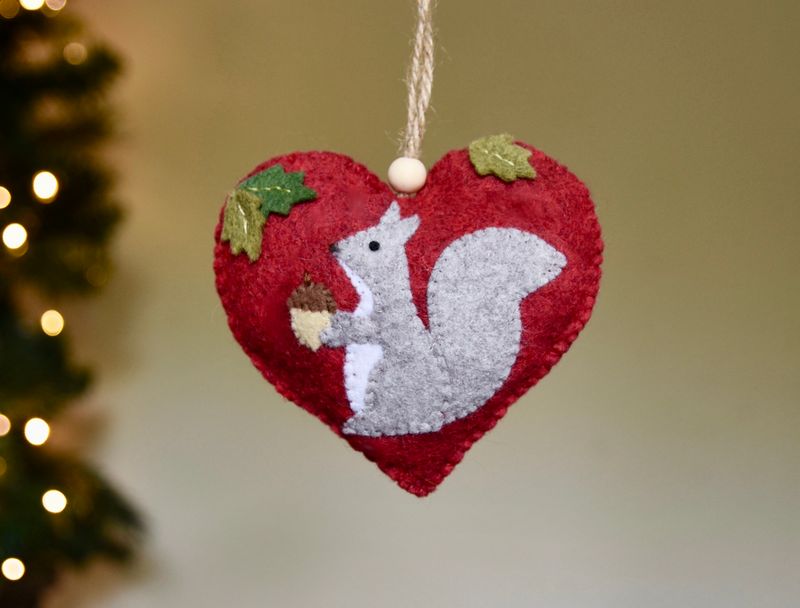Squirrel With Acorn  Heart Felt Bauble - Festive Decoration - Christmas Tree Ornament 