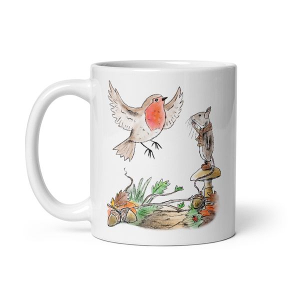 Robin &amp; Mouse Standing On Mushroom - Ceramic Mug - Robin&#x27;s Gift
