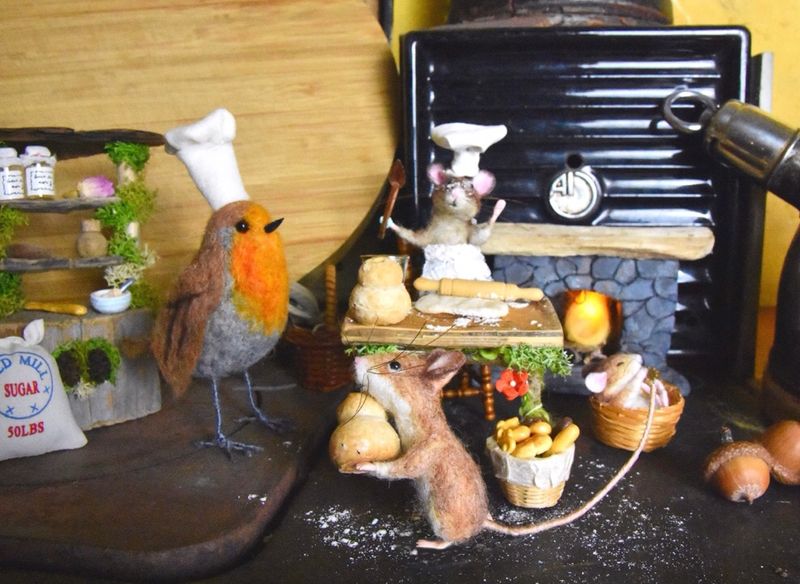 Robin Helps Mouse With Baking 8' x 10' Framed Art Print Created From Felted Art By Rachel Austin