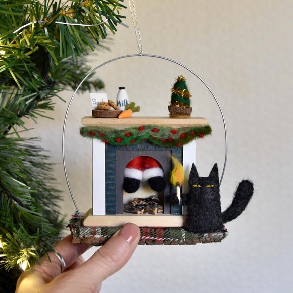 Naughty Kitty ‘Lighting the Fire’ One of a Kind Christmas Ornament  