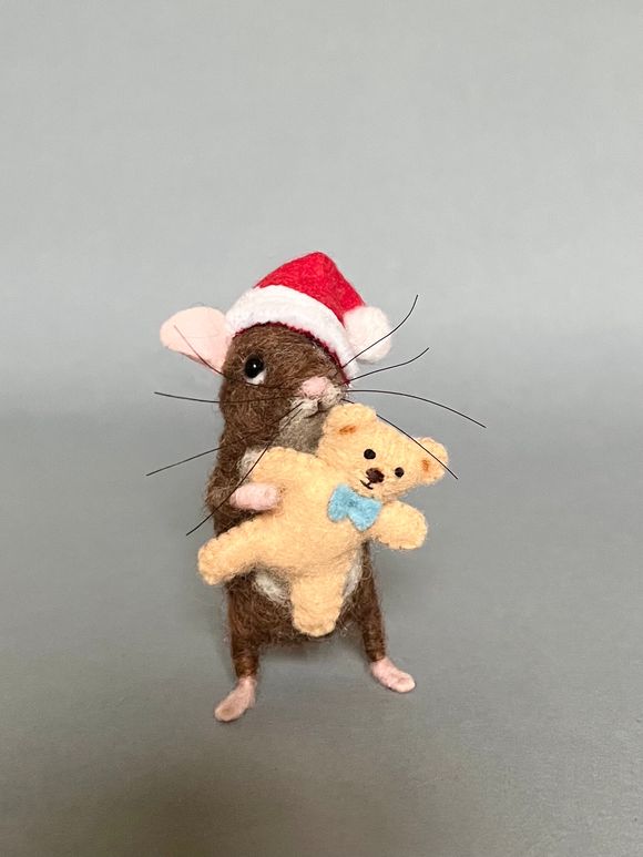 Needle Felted Life-like Mouse With Santa Hat &amp; Teddy - By Rachel Austin