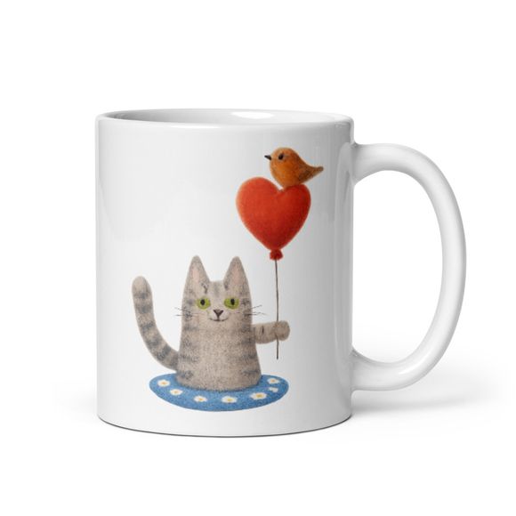 Tabby Cat With Robin Friend On Heart Balloon - Novelty Mug 