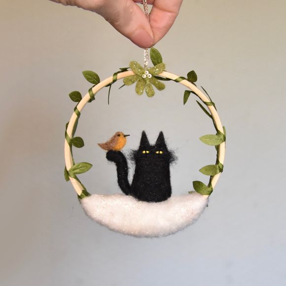 Black kitty with Robin Friend -  One of a Kind Christmas Ornament  