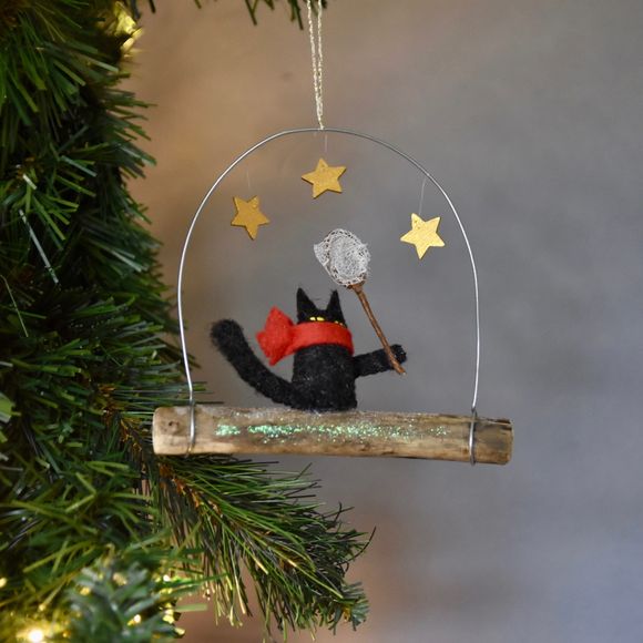   Star Catching Miniature Black Cat Christmas Tree Ornament 