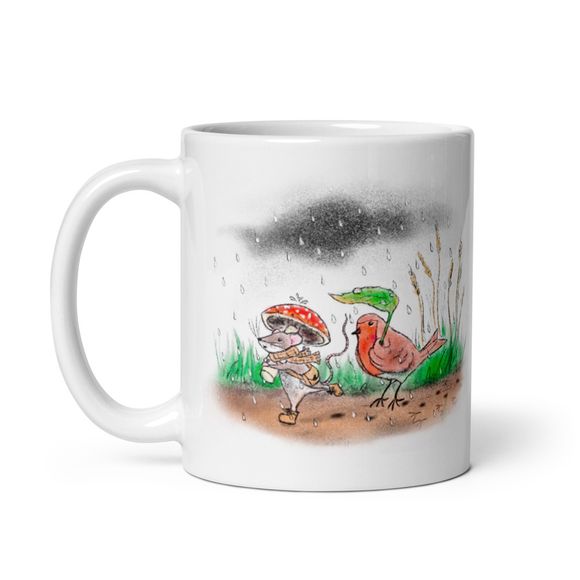 Mouse &amp; Robin Get Caught In The Rain - Ceramic Mug - Robin&#x27;s Gift