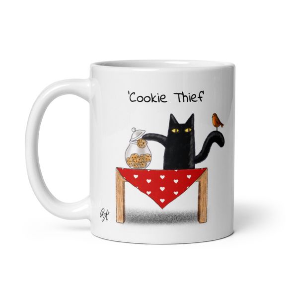 &#x27;Cookie Thief&#x27; Naughty Black Cat With Robin Friend - Ceramic Mug