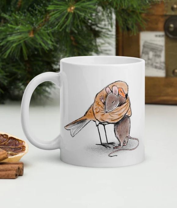 Ceramic Mug - Mouse And Robin Embrace &#x27;Sometimes A Hug Says More Than Words Ever Could&#x27;