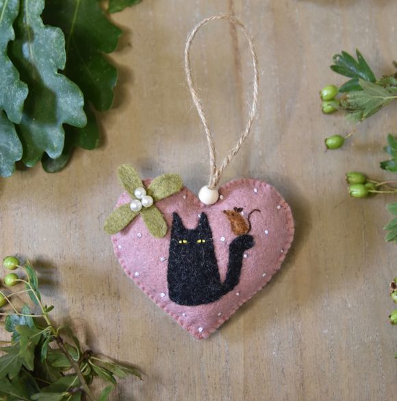 One of a kind Naughty Cat with mouse friend - Heart Ornament