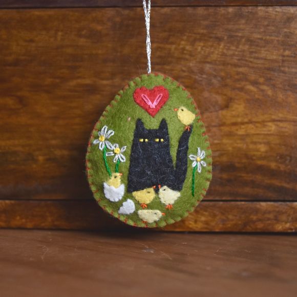 Kitty with chicks - one of a kind felt Easter ornament 