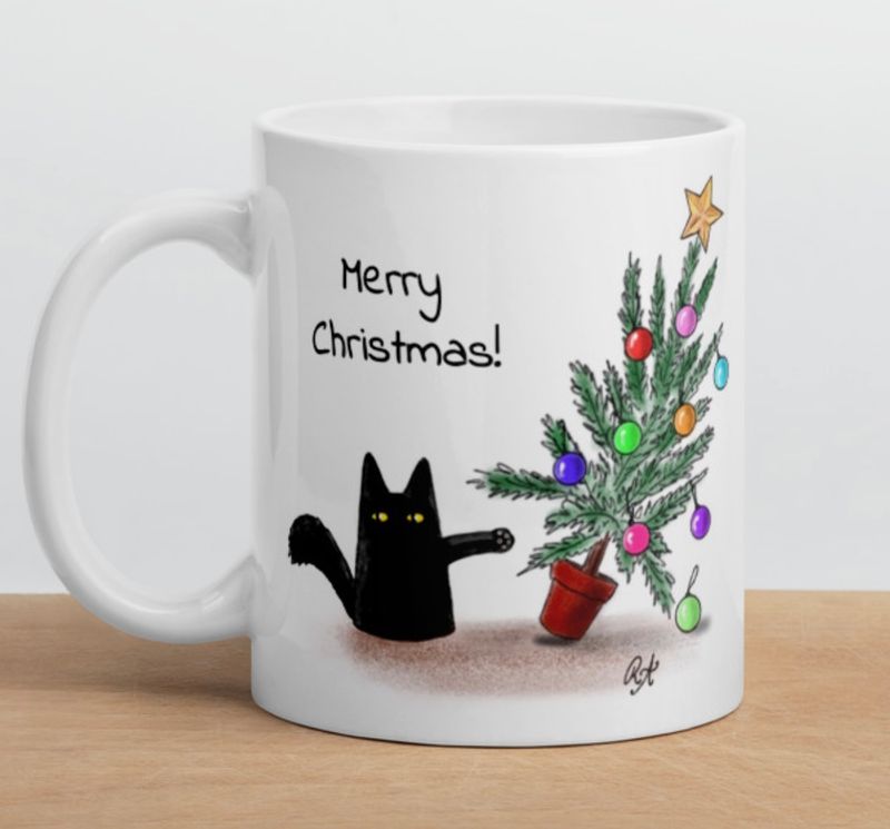 Cat Knocking Over Christmas Tree - Ceramic Mug
