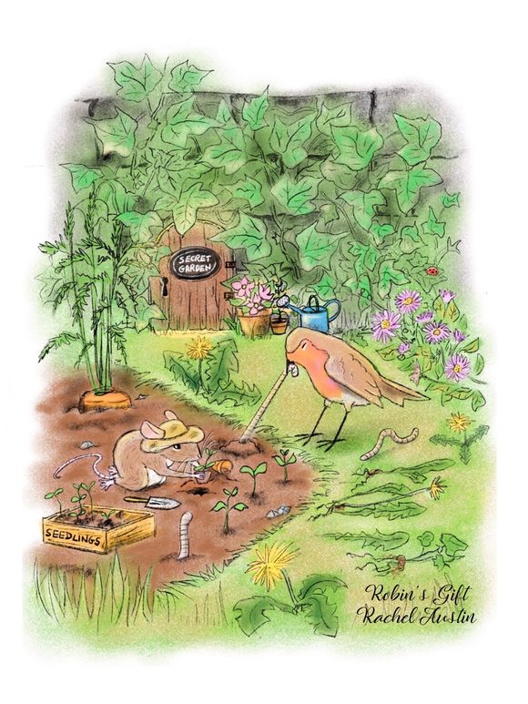 Robin Helps Mouse Attend To His Garden '8x10' Framed Art Print Of An original Drawing-Rachel Austin