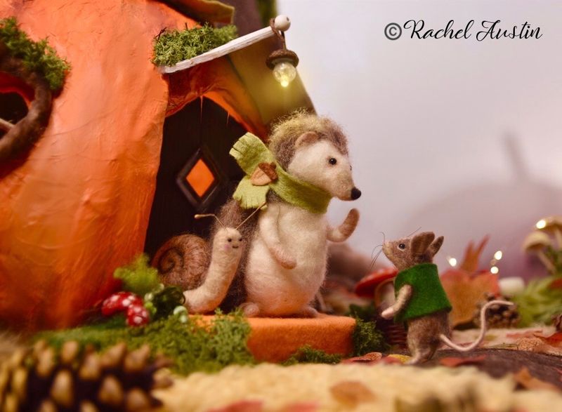 Hedgehog In Pumpkin House Has  'A Visit From Mouse' 8x10  Framed Fine Art Print Rachel Austin