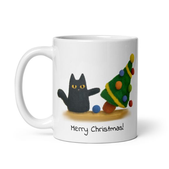 Whoops - Naughty Black Kitty Cat Knocking Over Christmas Tree  - Novelty Mug 