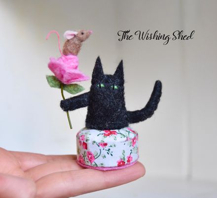 Cat with Mouse friend on Rose - Miniature Ornament 