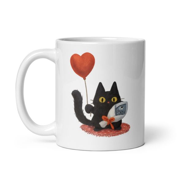 Fish Bouquet Naughty Black Kitty Cat With Heart Balloon - Novelty Mug 