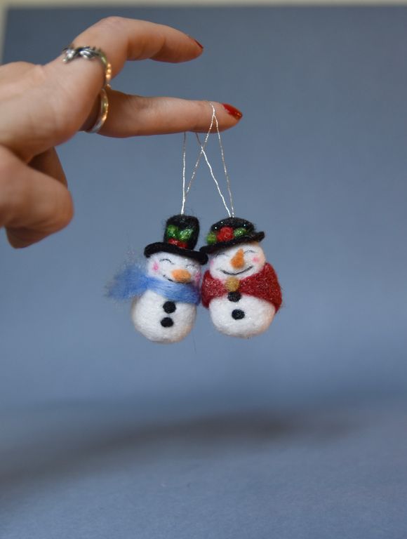 One of a Kind Pair Of Needle Felted Snowman / Snow Woman Figure - Christmas Decoration 
