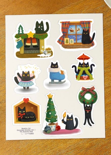 Naughty Cat Christmas Sticker Set 3 - Digital Download - 8 Stickers