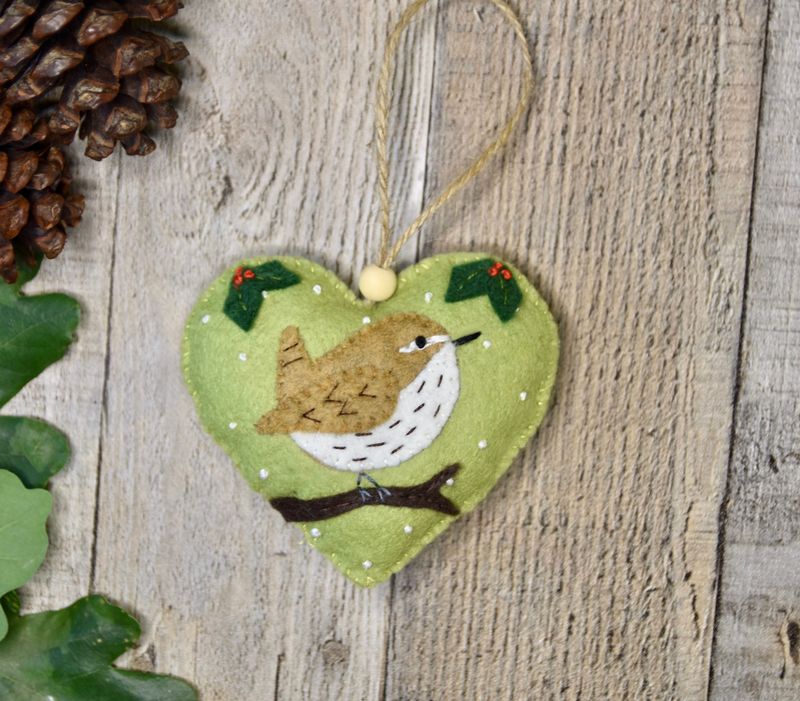 Wren Heart Felt Bauble - Festive Decoration - Christmas Tree Ornament 
