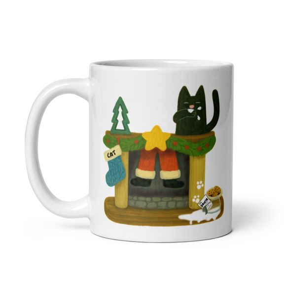 Naughty Cat On Christmas Mantelpiece  - Naughty Black Kitty - Novelty Mug 
