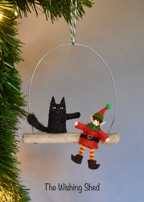  Naughty Black Cat - Knocking Elf Off the Shelf Tree Ornament 