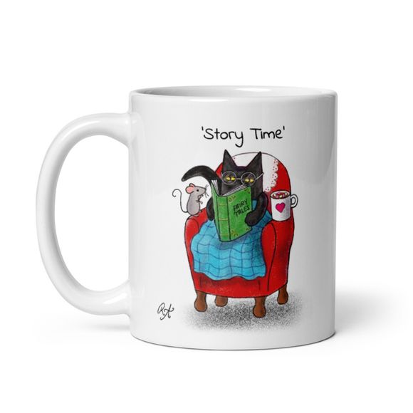 &#x27;Story Time&#x27; - Cat Reads To Mouse Friend - Ceramic Mug