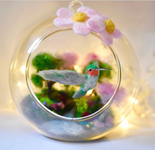 Needle Felted Hummingbird - Forest Scene In Glass Bauble - Christmas Gift - Decorations