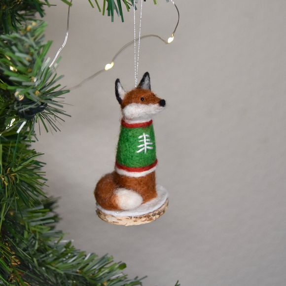 Needle Felted Miniature Fox in Christmas Jumper   - Ornament 