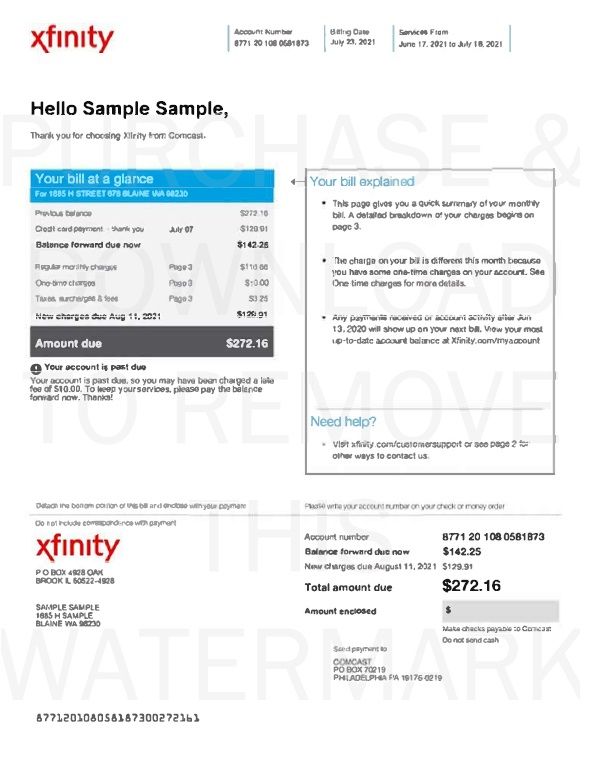 Editing Enabled PDF of A Sample Utility Bill Xfinity