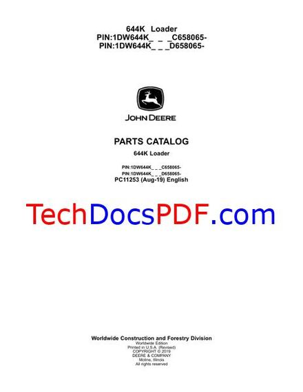 John Deere 644K Loader Engine 6068HDW80, 6068HDW83 Parts Catalog (PC11253)
