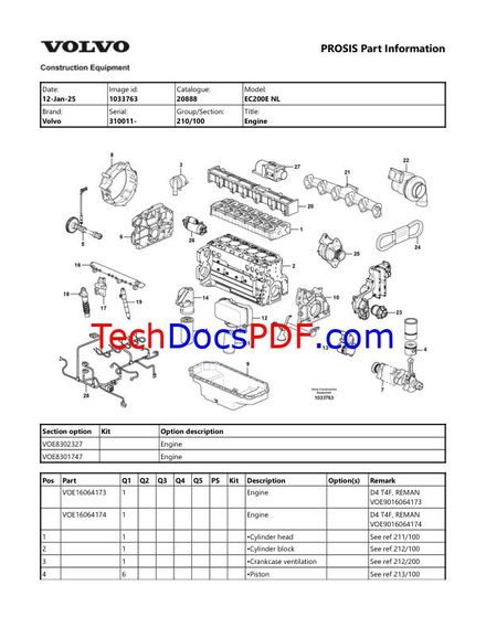 VOLVO EC200E NL EXCAVATOR SN 310011 up PARTS CATALOG