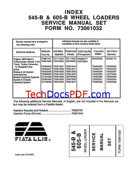 Fiat Allis 545B, 605B Wheel Loaders &amp; 2900 Mark II Engine Service Manual