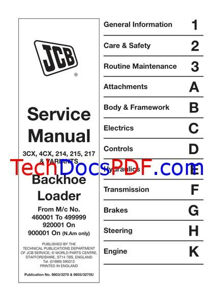 JCB 3CX, 4CX, 214, 215, 217 &amp; Variants Backhoe Loader Service Manual (9803/3270 &amp; 9803/3270U)
