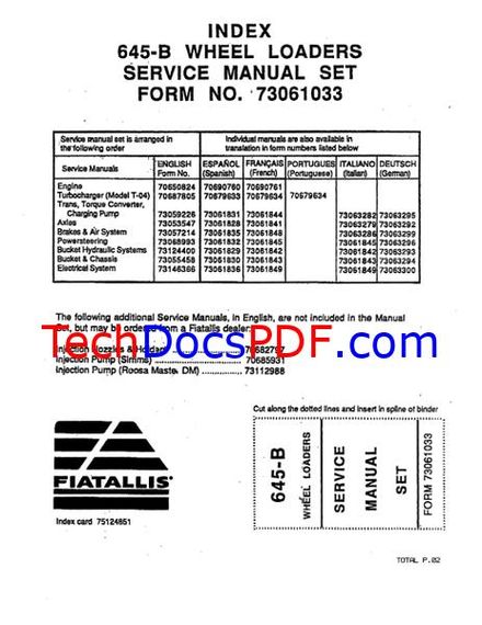 FIAT ALLIS 645-B WHEEL LOADERS &amp; 3500 3500 MKII 670 T ENGINES SERVICE MANUAL (Collection of manuals)