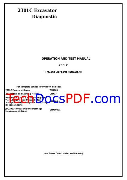 John Deere 230LC Excavator Diagnostic Operation and Test Manual (TM1665)